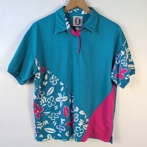 Vintage Greenline Sport Polo Shirt Men's M Blue Pink Floral Graphic 80s 90s
